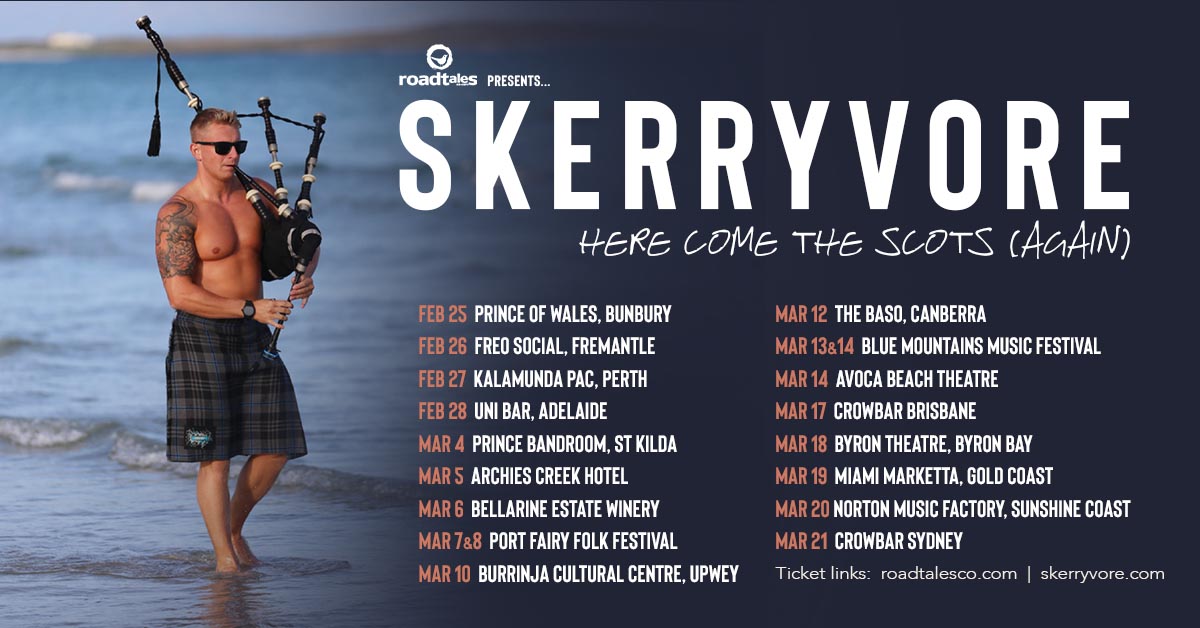Skerryvore "Here Come The Scots (Again)" Australian tour poster featuring a piper in a kilt on a beach with tour dates